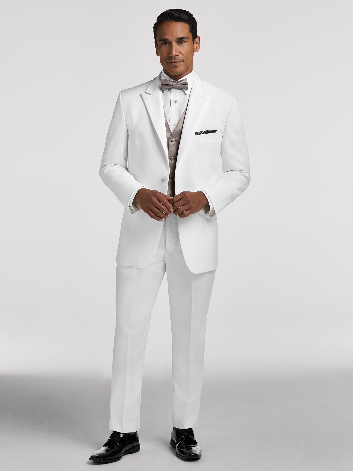 White Satin Edged Lapel Tux by Pronto Uomo Tuxedo Rental Moores